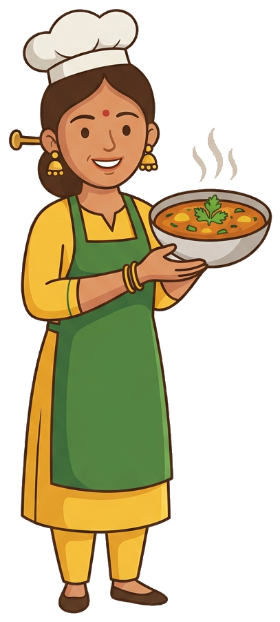 Anu, the Anu Ki Rasoi home-chef mascot in a chef hat and green apron holding a steaming bowl of dal